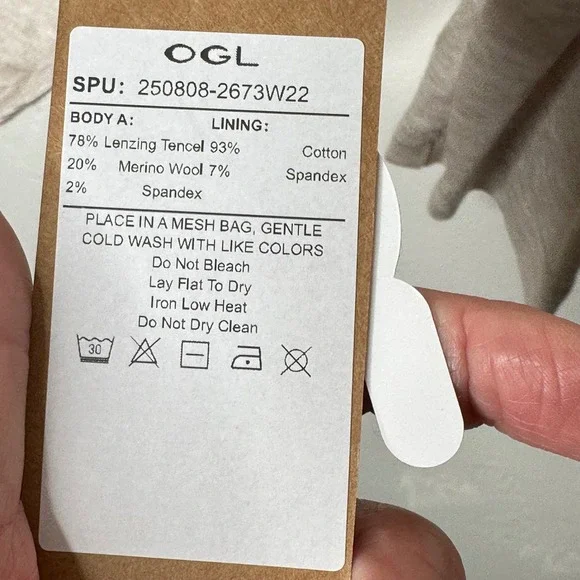 NEW OGL Merino Wool Tencel Drape Neck Long Sleeve Top Beige Large Built-in Bra - Picture 8 of 8